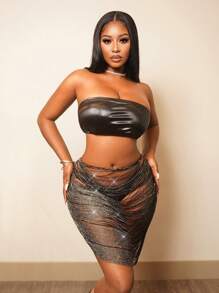 BamGleam Minifalda ceñida y sexy de mujer con unicolor, calado y adornos de rhinestone