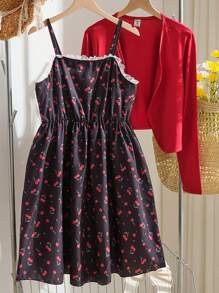 2pcs/Set Teen Girls Casual Cute Cherry Ditsy Floral Camisole Dress And Short Jacket Outfit