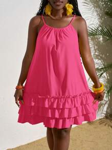 Slaydiva Damen ärmelloses Mini-Kleid mit Rüschen-Saum