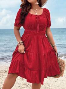 SHEIN Clasi Váy ngắn tay đơn giản hàng ngày cỡ lớn cho nữ, trang phục Giáng sinh màu đỏ tía cho nữ - Đỏ - Xem 6