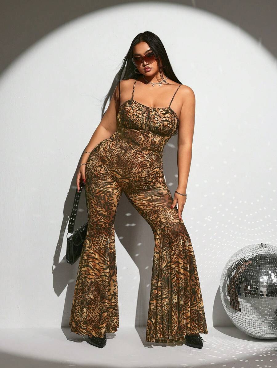 SHEIN ICON Plus Size Sexy Leopard Print Flare Pants And Camisole Top 2 Pieces Set - Multicolor - View 1