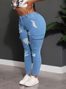 Slaydiva Plus Size Sexy Skinny Stretch Ripped Long Jeans, Blue Concert Women Jeans