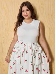 SHEIN MOD Vestido sin mangas midi con decoración de lazo, estampado, romántico y dulce, atuendo para citas, uso casual en vacaciones, talla grande