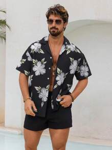 Manfinity Swimmode Men Floral Print Short Sleeve Single Breasted Shirt & Shorts Beach Suit Set Man Swim Trunks