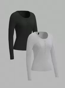 SHEIN EZwear Set de 2 camisetas de punto lisas informales para mujer