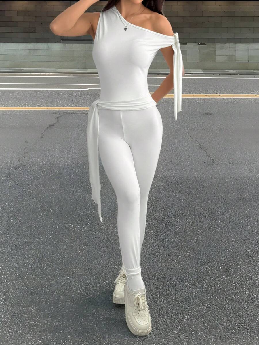 SHEIN EZwear Women Summer  2 Pieces Set - Asymmetrical Collar Top And Pants, Solid Color - White - View 1