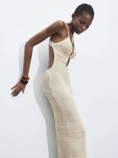 Maija Vestido de Malha Elegante e Moderno para Mulheres, com Fivela Redonda de Metal Bege, Adequado para Férias, Festivais, Casual Executivo, Casamentos na Praia, Festa do Dia dos Namorados, Vintage, Anos 90, Estilo Boho