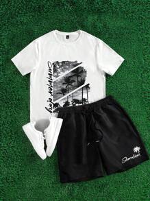 Manfinity EZcore 男士字母与棕榈树图案圆领短袖休闲 T 恤和抽绳腰短裤套装