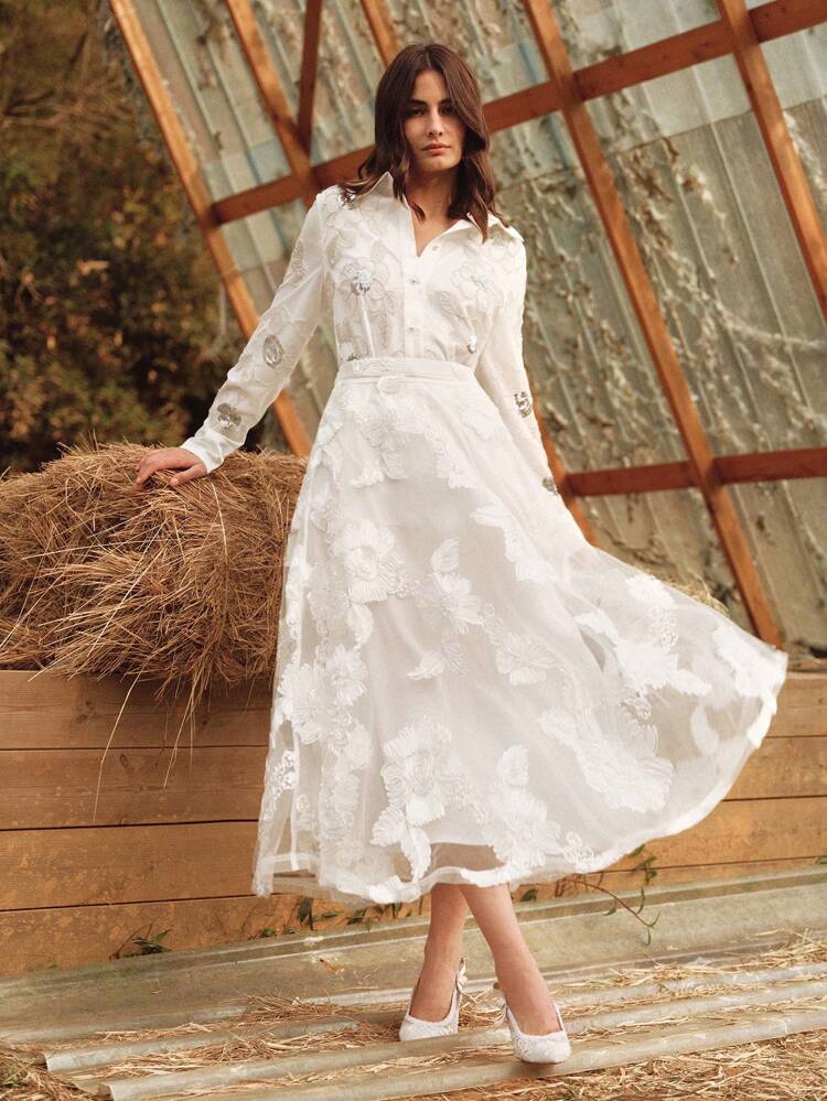 Nueva falda maxi elegante y versátil con bordado floral de malla de cintura alta en forma de A, falda para invitada de boda de primavera/otoño, falda de graduación blanca, todo en blanco