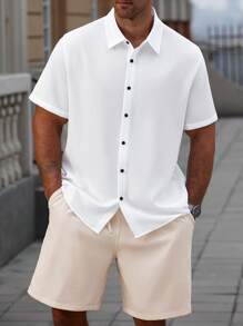 Manfinity Homme Plus Size Men's Solid Color Short Sleeve Shirt And Shorts Casual Suit - Multicolor - View 7