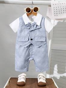 1pc Baby Boy Blue Short Sleeve 3 In 1 Romper. The Collar Is Designed With A Turndown Collar, There Is A Subtle Plaid Pattern, Giving It A Formal And Refined Look. With A White Collar And A Matching Bow Tie, Adding A Formal Touch - Blue - View 5