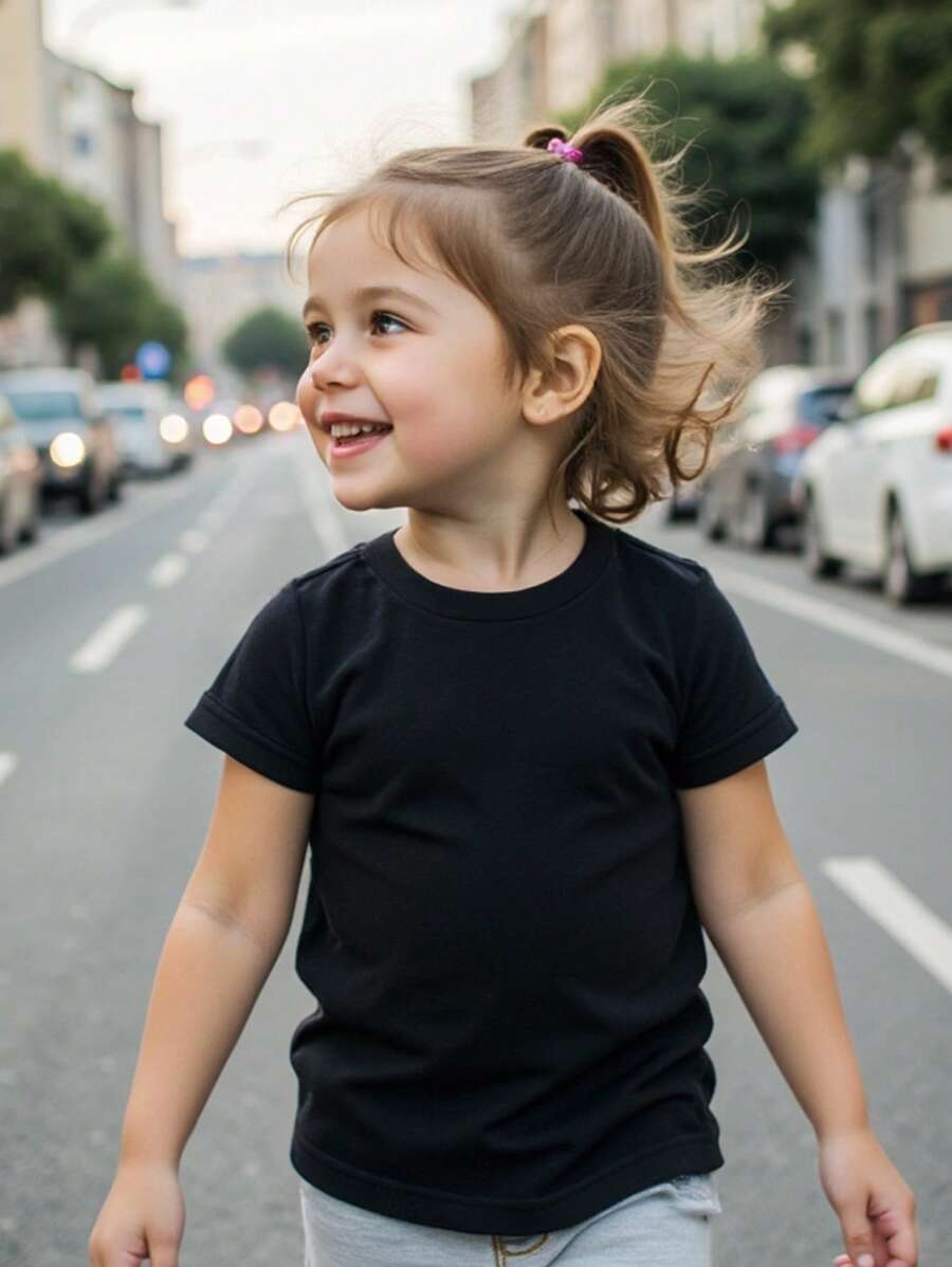 Elladie kids Áo thun cổ tròn tay ngắn màu đen cơ bản cho bé gái - màu đen - Xem 1