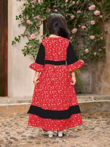 Young Girl Colorblock Patchwork Ditsy Floral Dress - Red - View 3
