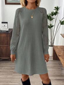 EMERY ROSE Women's Casual Round Neck Long Sleeve Ribbed Mini Mesh Dress