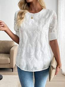 SHEIN LUNE 女士休闲度假短袖衬衫，圆领，插肩袖，纹理面料，春/夏 - 白色 - 查看 6