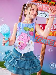 SHEIN X Care Bears Canotta da ragazza tween in stile cartoni animati e Y2K, con orsetto blu e palloncini colorati, adatta per primavera/estate