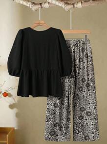 SHEIN LUNE CURVE 大码女式打结娃娃衬衫和印花阔腿裤休闲套装 - 黑色 - 查看 2