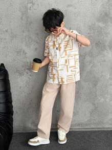 SHEIN 2pcs Set: Boys Casual Geometric Line Print Short Sleeve Shirt And Long Pants, Commuting