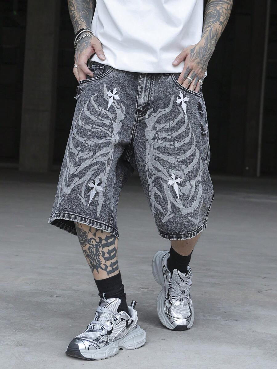 PAVTROS 男士休闲牛仔短裤，口袋印花，简约设计