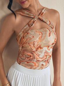 DYENN Designer Tie Dye Printed Mesh Twist Straps Ruched Bodysuit - Multicolor - View 5