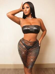 BamGleam Minifalda ceñida y sexy de mujer con unicolor, calado y adornos de rhinestone