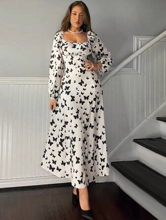 SHEIN Privé 女士浪漫蝴蝶印花长袖宽松连衣裙