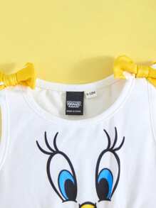 LOONEY TUNES X SHEIN Baby Girl Cute Sweet Casual Yellow Cartoon Tweety Pattern Polka Dot Printed Bowknot Dress, Suitable For Spring & Summer - Yellow - View 3