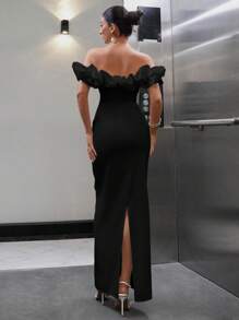 EURMUSE Elegant Black Ruffle Trim Split Hem Dress - Black - View 2