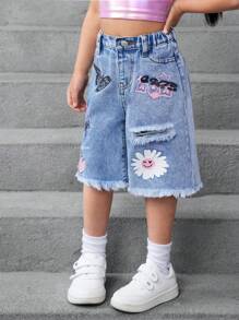 SHEIN Young Girl Y2K Blue Denim Shorts With Butterfly, Flower And Heart Graphic,Kid Girls Spring And Summer Casual Vacation Country Boho Wear - Light Wash - View 6