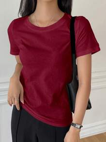 DAZY Casual Versatile Solid Color Round Neck Short Sleeve T-Shirt Preppy Tops - Burgundy - View 3