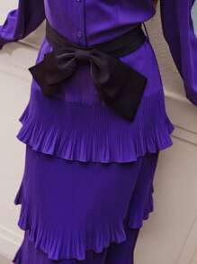 MOTF PREMIUM DRAPED RUFFLE TRIM LANTERN SLEEVE DRESS - Purple - View 2