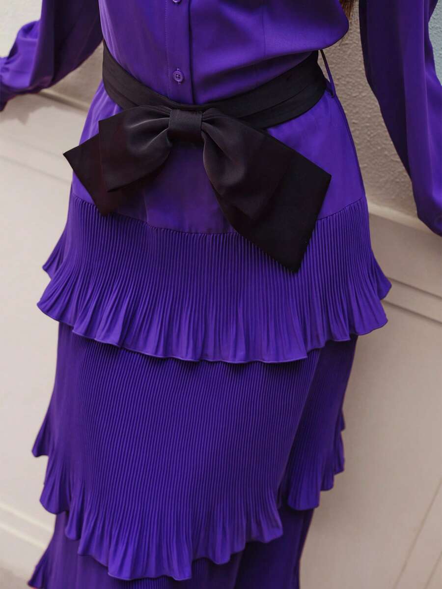 MOTF PREMIUM DRAPED RUFFLE TRIM LANTERN SLEEVE DRESS - Purple - View 2