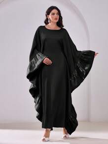 Al Najma 女士优雅圆领荷叶边宽松阿拉伯长袍连衣裙，端庄 - 黑色 - 查看 5