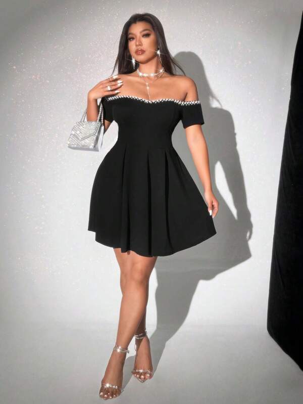 Viva Relle Plus Size Off-Shoulder Cinched Waist Solid Color Dress With Crystal Decor