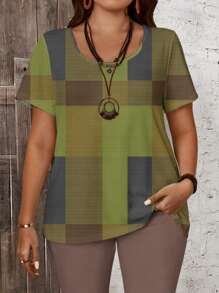 EMERY ROSE 2 sztuki/zestaw Plus Size Casual Lattice Allover Print Luźny krótki rękaw Top i spodnie Capri