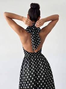 Firerie Women's Vintage French Style Polka Dot V-Neck Backless Cinched Waist High Waist Midi Dress, Suitable For Valentine's Day, Concerts, Performances, Dates, Banquets, Weddings, Sexy, Elegant, Commuting, Back To School, Vacation, Beach, Romantic