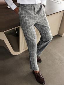 Manfinity Bizformal 男士商务通勤及休闲日常穿着，经典灰色花卉格纹西装裤，锥形裤腿设计。这款裤子四季皆宜，清新百搭，是参加派对和工作的理想之选，也是送给男友或丈夫的绝佳礼物。男士格纹直筒休闲裤，带口袋。 - 灰色 - 查看 4