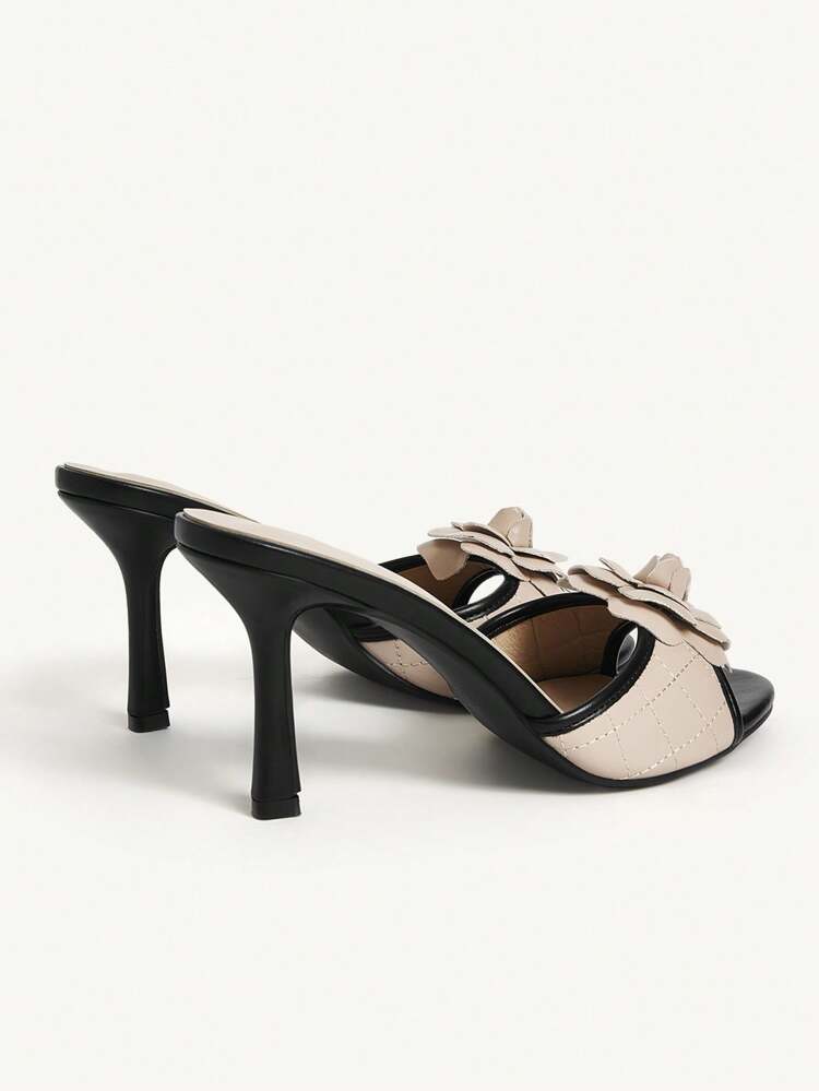 CUCCOO CHICEST Women's Summer New Arrivals Camellia Round Toe Slim High Heel Elegant Sweet Romantic Classic Black & Beige Contrast Color Faux Leather Dress Sandals, Suitable For Afternoon Tea, Date, Fashion Party, Elegant Outfit, Holiday, Banquet For Christmas Elegant Shoes Wedding Shoes Summer Shoes Bride Shoes