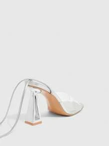 CUCCOO SZL Women Silver Square Toe Thick Heel Criss-Cross Strap Transparent Glass Lacquer Sandals - Silver - View 9