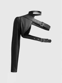 ROMWE Grunge Punk Chaqueta de talla grande para mujer con un hombro asimétrico, mangas cortas ajustables con botones y un solo unicolor - Negro - Ver 1