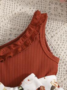 SHEIN Baby Girl Elegant Houndstooth Ribbed Fabric Asymmetrical Neck Ruffle Trim Dress With Hat, Cute For Spring/Summer - Brown - View 6