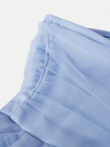 SHEIN Tween Girl 可爱网纱蝴蝶结褶饰双层 A 字裙 - 淺藍色 - 查看 4