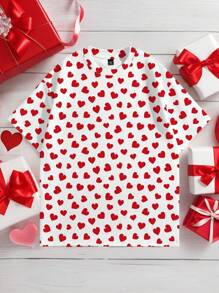 Manfinity VCAY Camiseta de manga corta unisex de corte holgado, cuello redondo y hombros caídos con estampado de pequeños corazones en todo el diseño