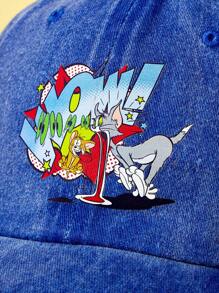 TOM & JERRY X SHEIN Fashionable Casual Washed Cartoon Cat Print Baseball Cap