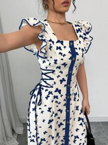 Modelyn Women's Woven Two-Tone Print Patchwork Cinched Waist A-Line Dress - Blue - View 6