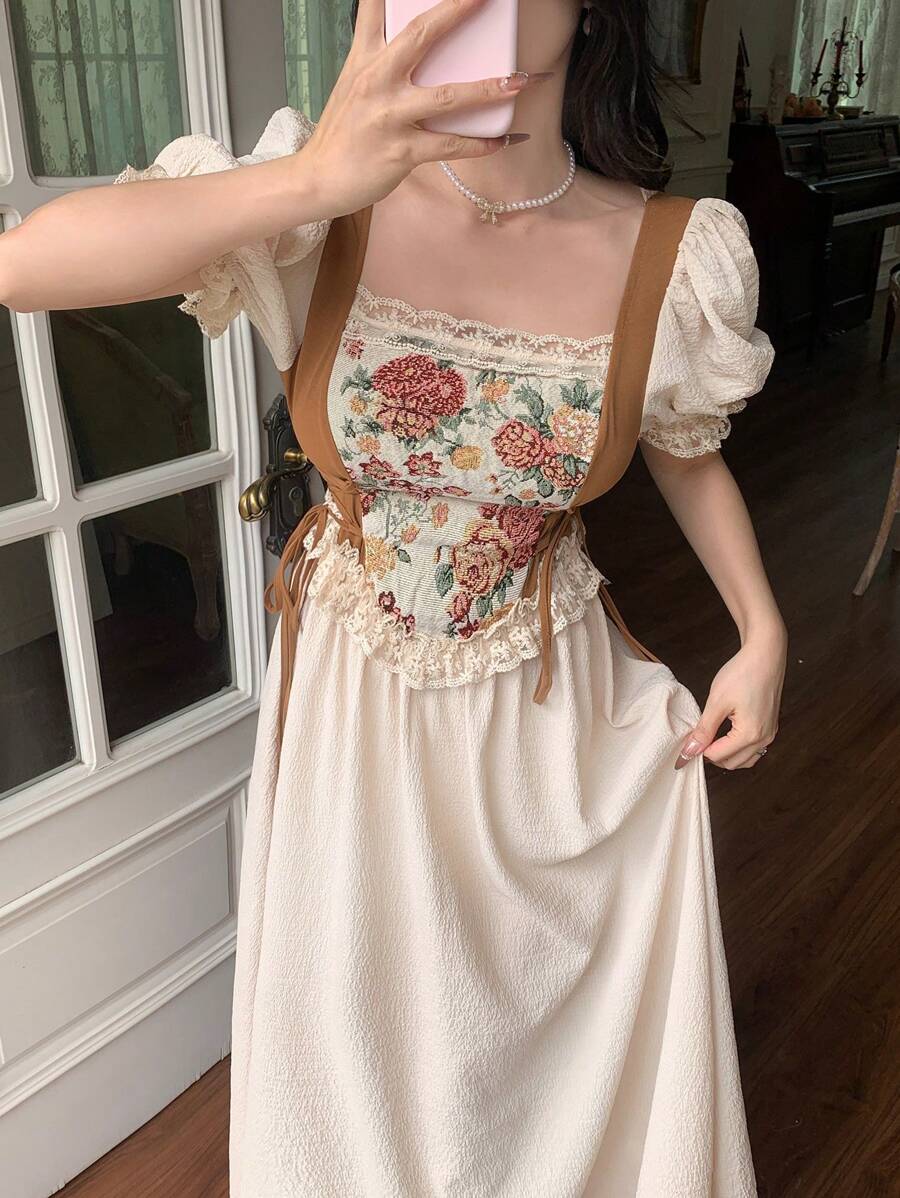 Feyla Robe à manches ballons, col carré, patchwork en dentelle, fleurs sur le côté de la taille avec nœud pour femmes - Nude - Voir 1