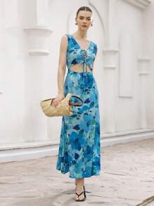GENKIRA Women Light Blue Floral,Summer,Boho,Beach,Holiday Deep V Lace-Up Tie Dye Print Cutout Waist Ruffled Hem Dress Tropical Island Vacation - Multicolor - View 6