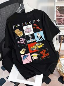 FRIENDS X SHEIN Casual Loose Letter Graphic Black Round Neck Short Sleeve T-Shirt For Women, Comfortable For Summer