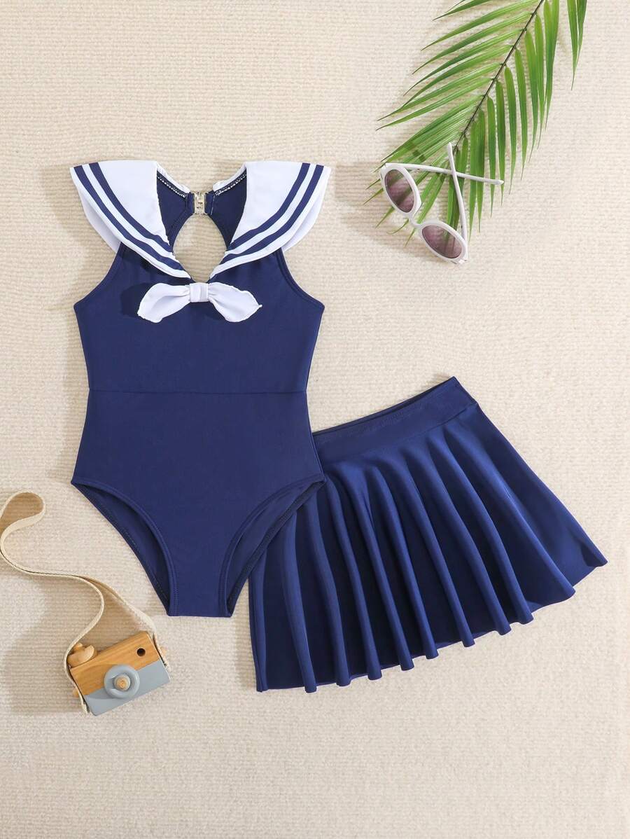 Navy Collar 2pcs Swimsuit Set For Young Girls, One-Piece Swimsuit With Skirt, Cute Navy Uniform Style Swimwear & Beach Outfit For Back To School Season