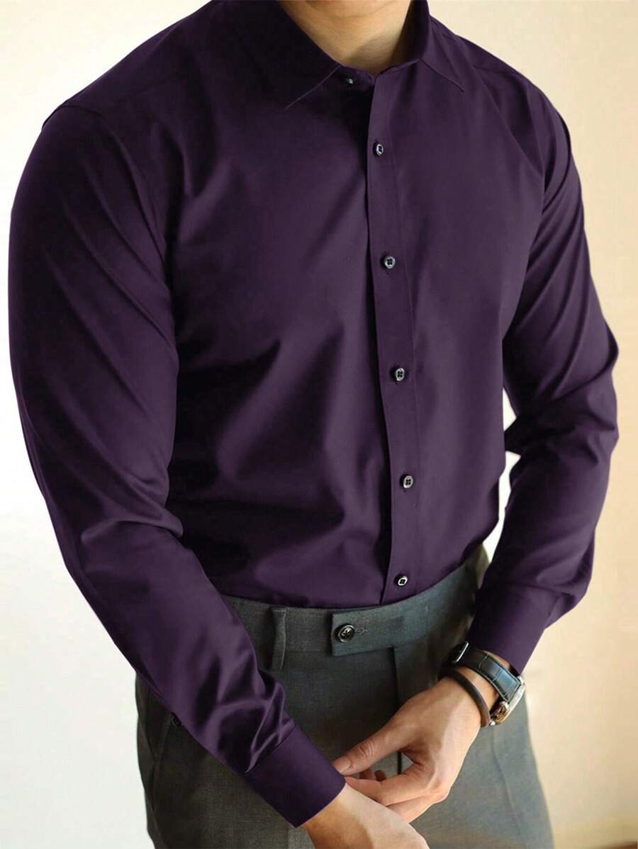 Manfinity Homme Plus Size Men's Simple Solid Color Casual Office Shirt, For Fall - Violet Purple - View 1